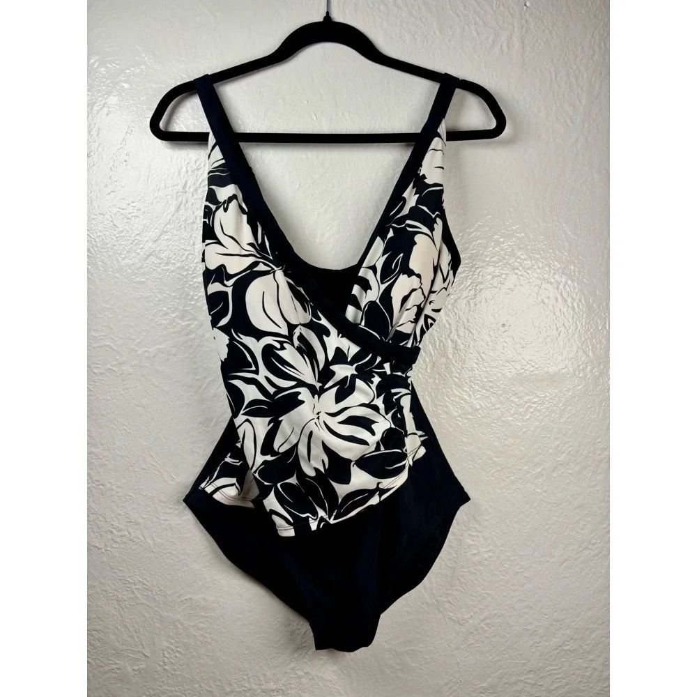 Jantzen One Piece Swimsuit 14 Black White Floral Surplice‎ Wrap Resort Vacation
